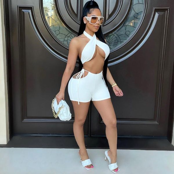 

women's tracksuits 2 piece short set cross halter crop + shorts women backless bandage outfits summer hollow out suits club wear, Gray