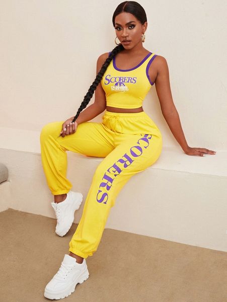 

sxy letter graphic tank & sweatpants set w7kg#, White