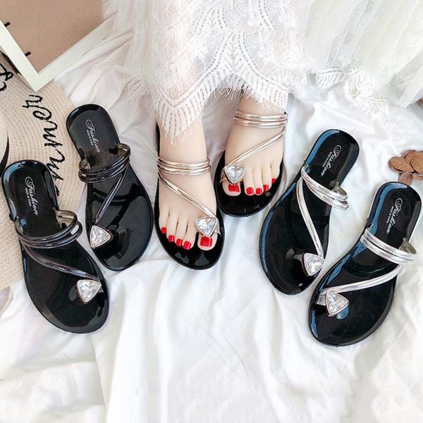 

women sandals bling rhinestone toe ring slippers sandal cross strap flat shoes slip on backless waterproof summer beach, Black