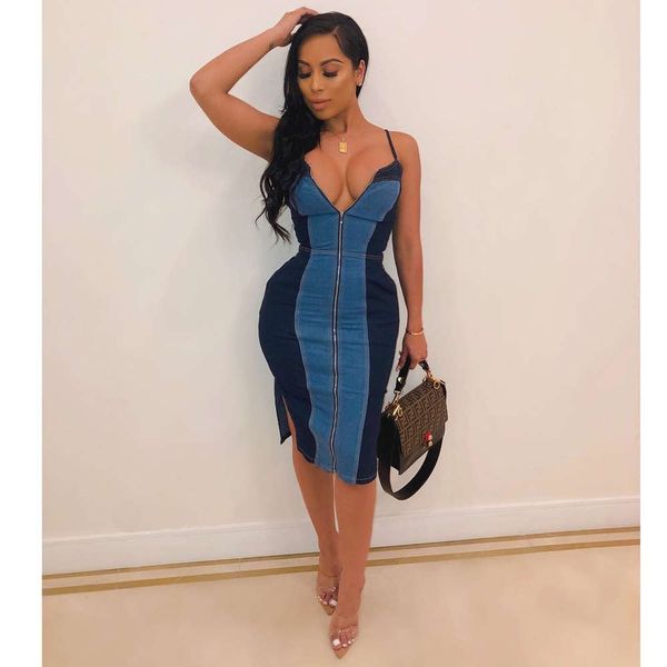 

women's strap zipper stitched backless denim dress, Black;gray