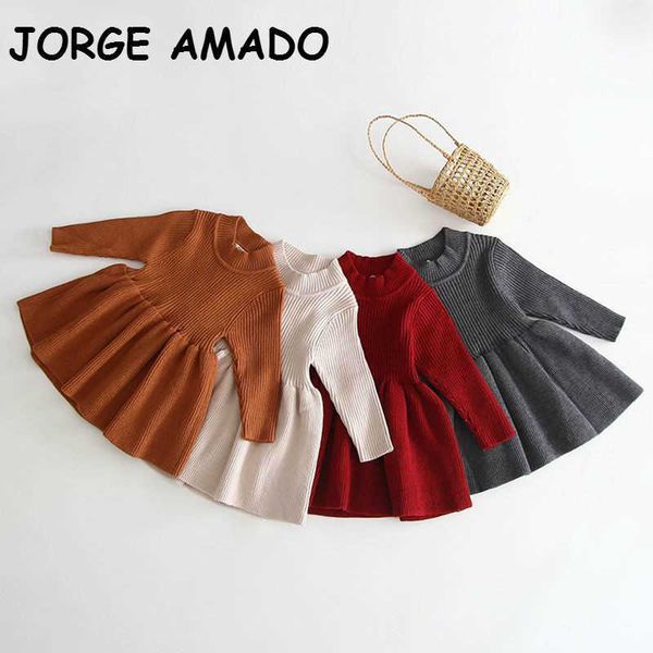 

girls sweater dress baby knitted cotton long sleeve sweet for toddler fall clothes 0-4t e91002 210610, Red;yellow