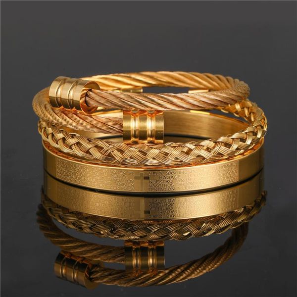 

charm bracelets royal luxury stainless steel bangle 3pcs/set open men bracelet women's jewellery for pulsera hombre armband accessories, Golden;silver