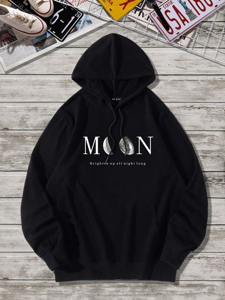

men moon and slogan graphic hooded sweatshirt o9y0#, Black