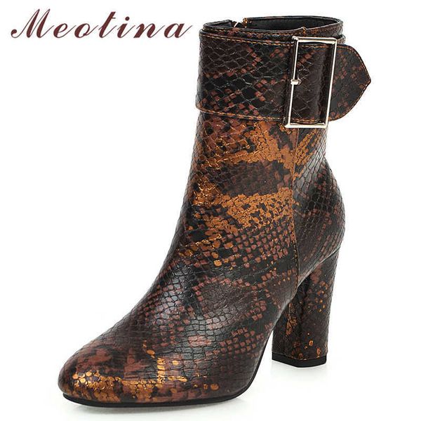 

meotina winter ankle boots women snake print buckle thick heels short boots zipper super high heel shoes lady autumn size 35-43 210608, Black