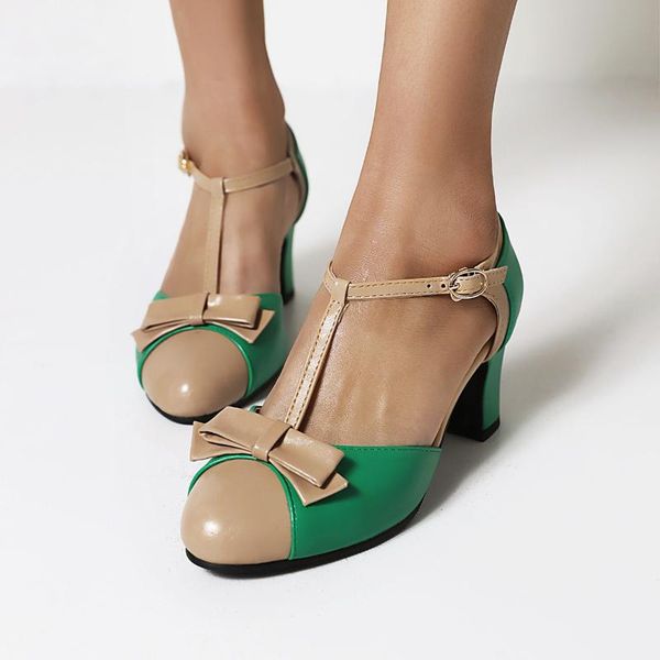 

spring fashion women's thick heel shoes mary jane female color matching bow knot ankle buckle summer women size 42 dress, Black