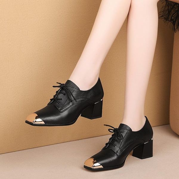 

dress shoes mljuese 2021 women pumps cow leather autumn spring square toe black color lace up high heels party size 34-43