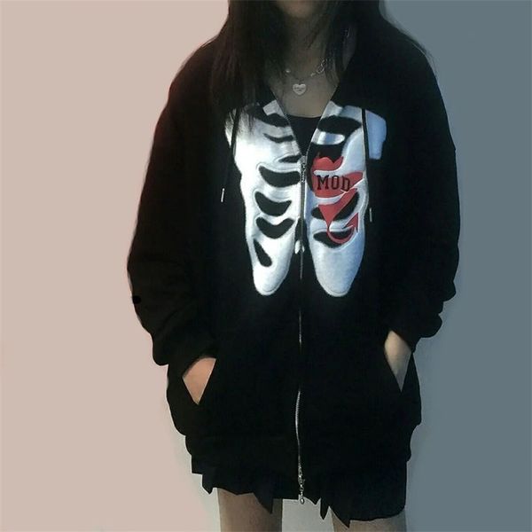 

stylish bone pattern zipper up hoodies streetwear oversized hooded sweatshirt women long sleeve casual harajuku graphic outwear 210813, Black