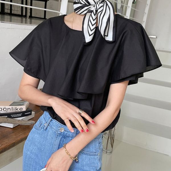 

summer fashion temperament elegant black ruffle stitching gloss loose wild flying sleeve shirt women 16f1070 210510, White