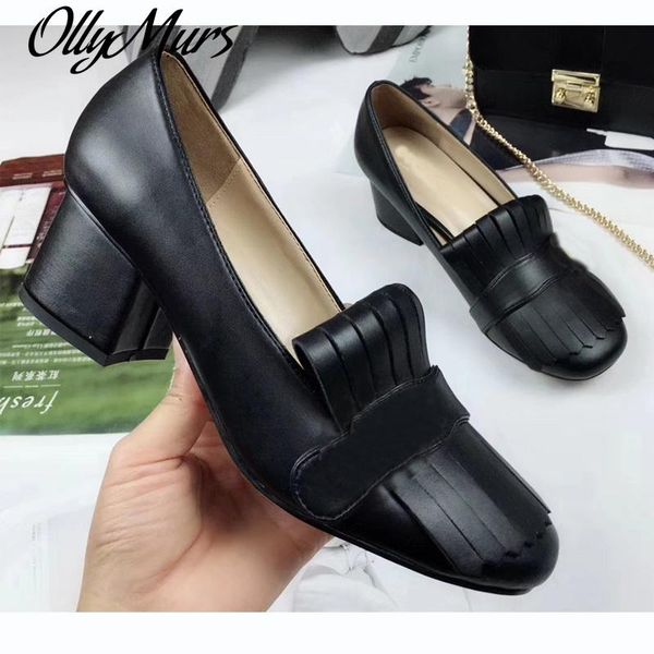 

dress shoes ollymurs black genuine leather woman high heels vintage loafers with fold over fringe 3.3" heel height
