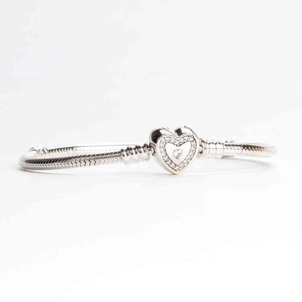

luxury original 925 sterling silver classic clasp snake bone bracelet with diamond heart shaped button diy versatile, Golden;silver
