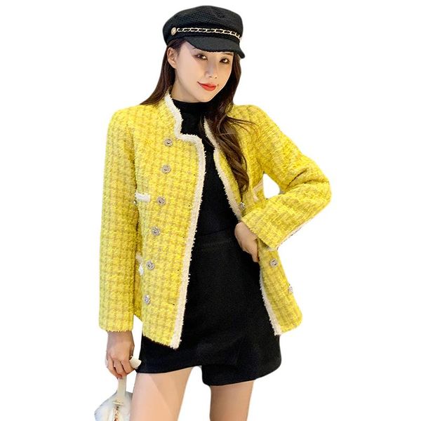 

women's jackets 2021 luxury autumn winter tweed yellow jacket coat runway women double-breasted diamonds plaid thick woolen outerwear, Black;brown