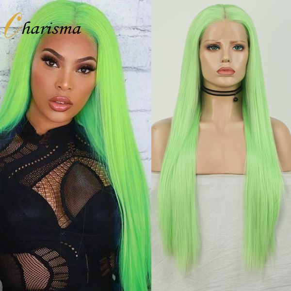 

costume accessories 26 inches long straight lace front wig middle part light green wig for women heat resistant fiber hair cosplay wigs, Silver