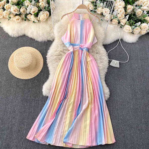 

dresses long es for women gradient color vacation boho beach summer sleeveless halter spaghetti strap pleated, Black;gray