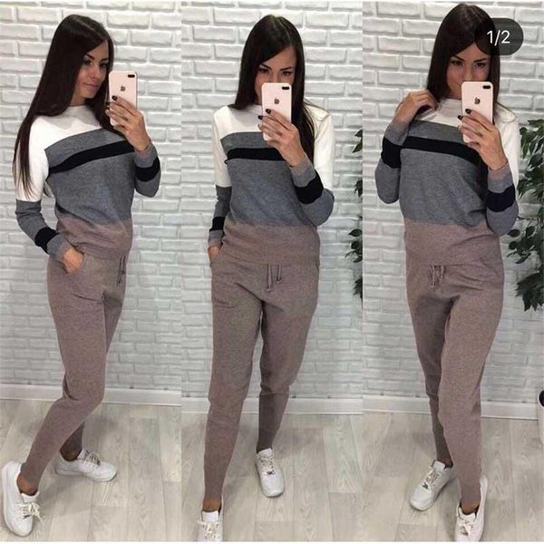 

two piece dress autumn knitted sweater tracksuit women 2 set pants suit o neck stripe splicing, White