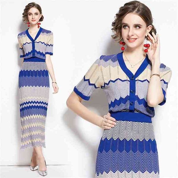 

autumn women's two-piece set elegant blue wave striped knitted suit short sleeve sweater + high waist long skirt 210519, White