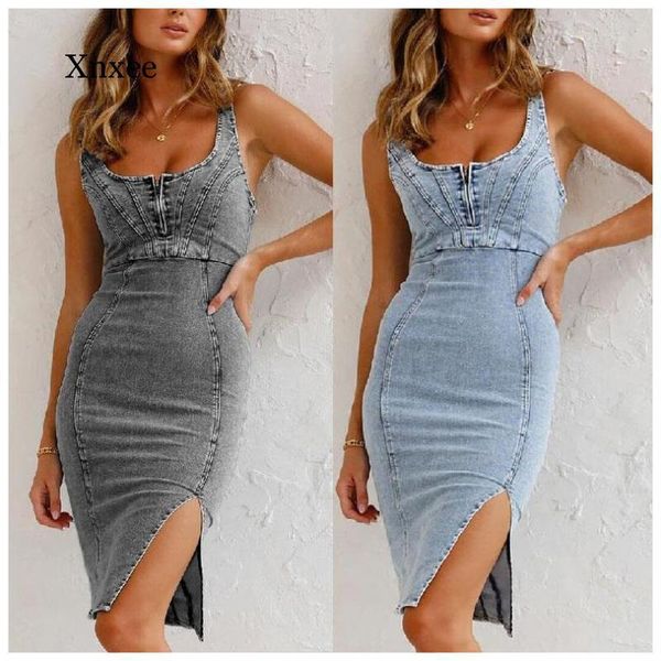 

casual dresses summer denim dress women split zipper sling sleeveless jeans bodycon backless high waist slim for vestidos femme robe, Black;gray