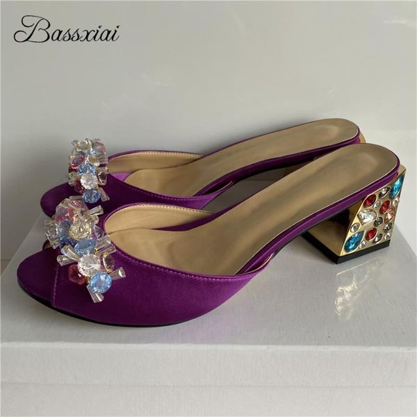 

sandals diamond rhinestone flower women summer colorful jeweled square heel open toe satin slingbacks runway mules lady1, Black