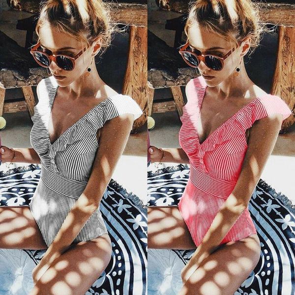 

est women girls one-piece striped ruffled v neck swimsuit beachwear swimwear monokini bikini bathing suit suits