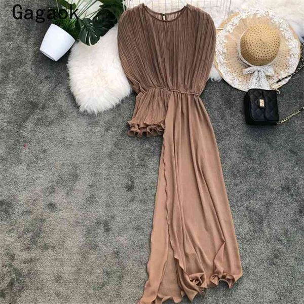 

women high street irregular chiffon shirt sumemr solid o-neck batwing sleeve ruffles fashion and blouses 210531, White