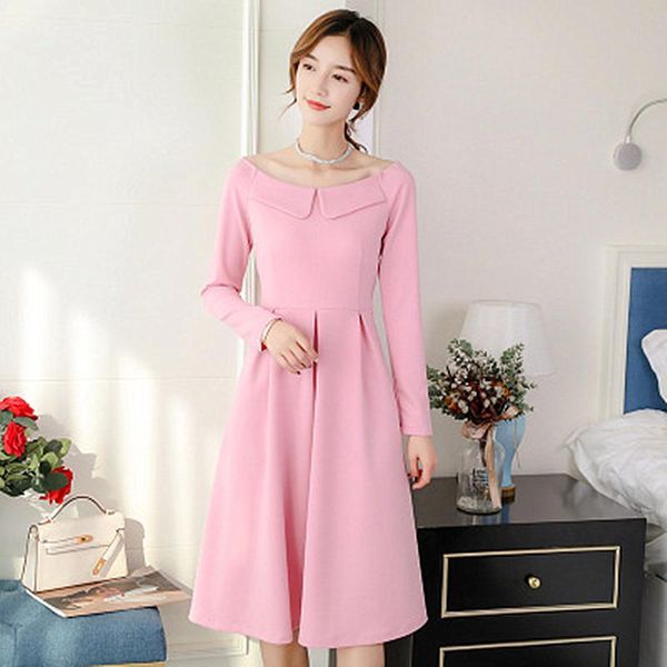 

casual dresses 2021 spring korean women's slim dress wild long ladies han fan solid color long-sleeved female, Black;gray