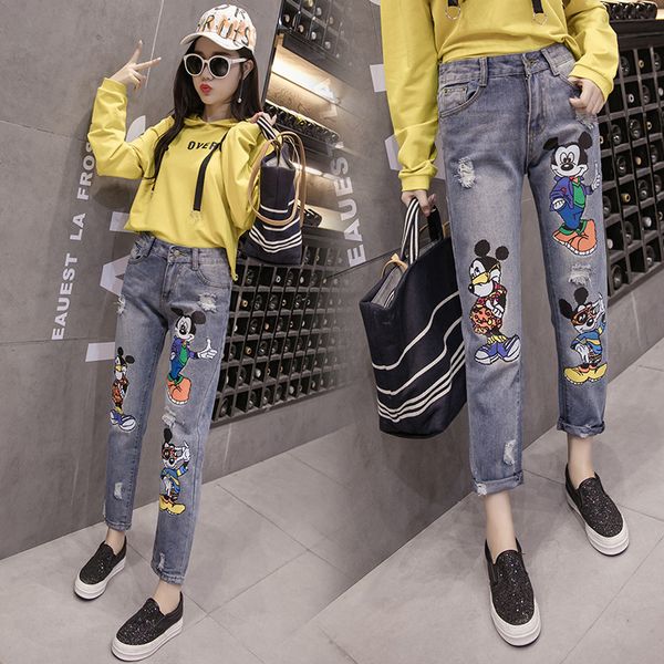 

jeans 2021 spring and summer korean version fat mm200kg women's cartoon printed capris straight pants, Blue