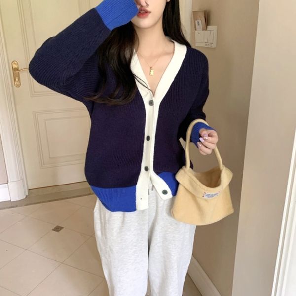 

autumn style design v-neck contrast color cardigan sweater coat, White;black
