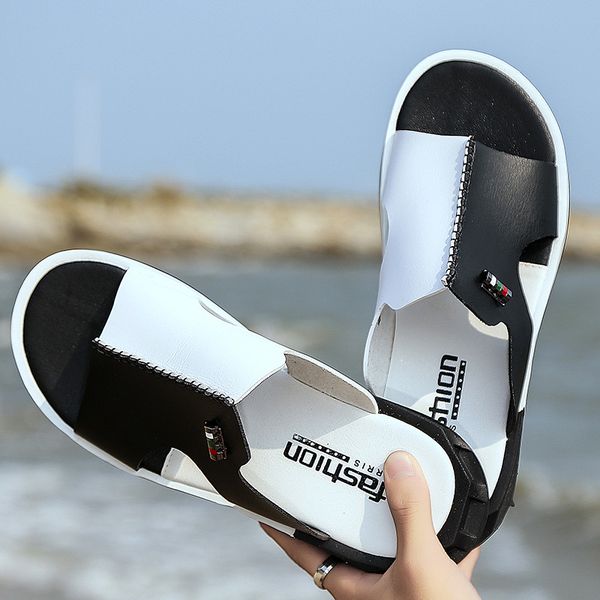 

mens summer sandals original leather comfortable slip-on casual sandals fashion men slippers zapatillas hombre2021, Black