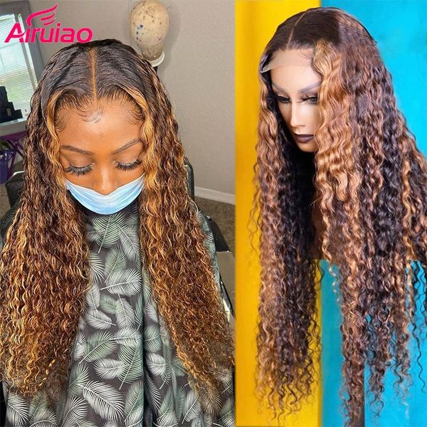 

pre plucked highlight honey blonde human hair wig ombre colored kinky curly 180 density hd transparent lace wigs for women, Black;brown