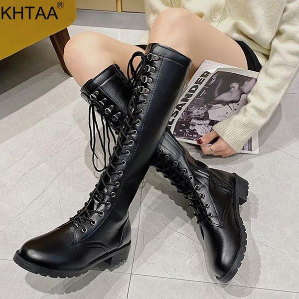 

boots women knee high lace up pu leather low heel shoes ladies fashion long woman motorcycle female footwear plus size, Black