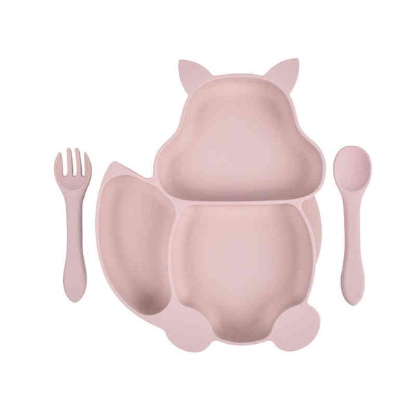 

kitchen easy clean tableware spoon fork set non slip with suction cup squirrel shaped cute baby feeding silicone dining plate g1210