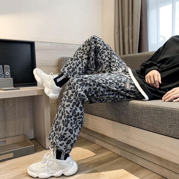 

men's leopard casual pants cargo black hip hop loose straight stacked joggers sweatpants streetwear trousers