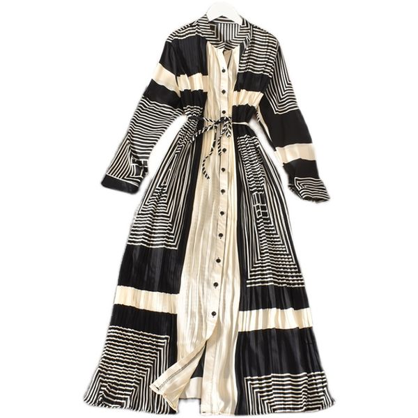 

women fashion geometric print shirt dress ankle-length stand collar dstring single breasted pleated straight dresses female, Black;gray