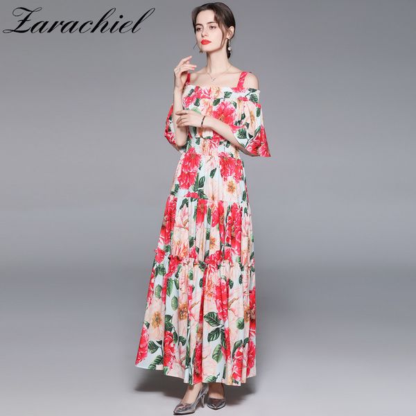 

off shoulder flare sleeve spaghetti strap summer women rose flower print ruffles bohemain elegant beach maxi dress 210416, Black;gray