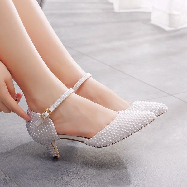 Sandali con tacco alto 5 cm da donna Piattaforma di perle bianche Scarpe Mary Jane Lolita Scarpe da sposa Taglia 42