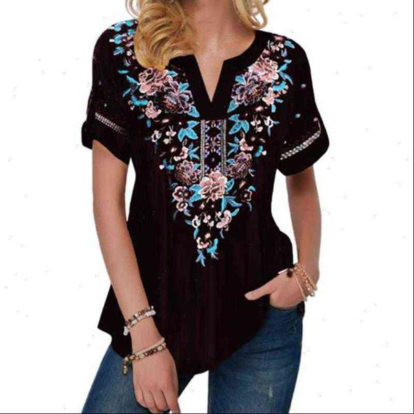 

womens shirts elegant women floral print blouse shirt summer female short sleeve notch neck ethnic flower 5xl, White