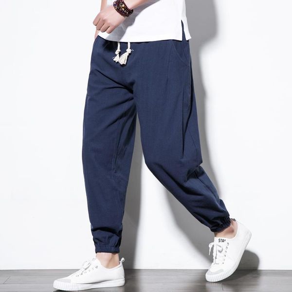 

autumn harem pants men washed cotton drawstring plain trousers male plus size solid color casual loose pantalon homme men's, Black