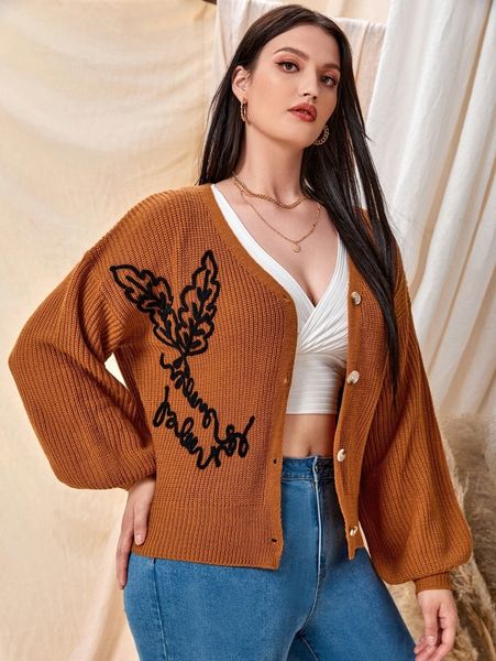 

plus letter & leaf pattern drop shoulder cardigan j444#, Black