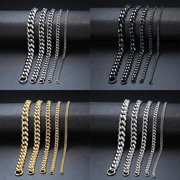 

link, chain modyle basic 3/5/7/9/11mm wide curb cuban link bracelets for men women jewelry anti allergy stainless steel wristband gift, Black