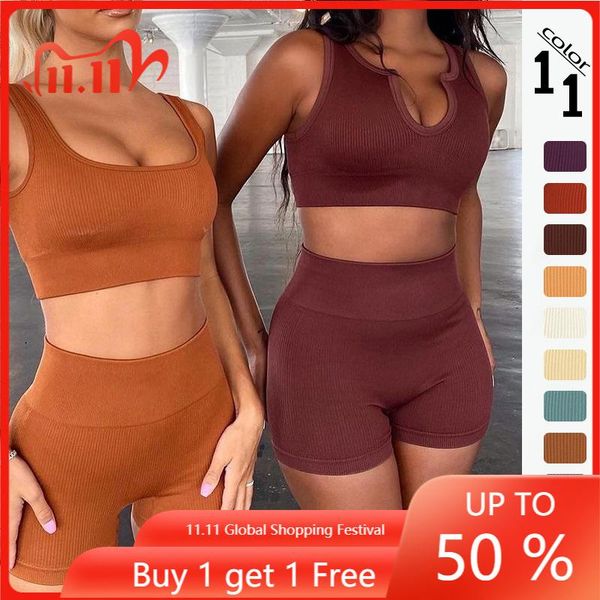 

yoga outfit 2 peice set women solid seamless knitted sports short-sleeved shorts bra clothing fitness pants push-up suit