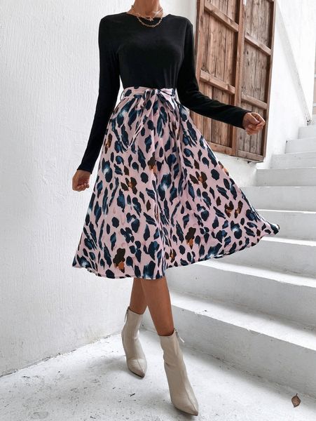 

graphic print belted a-line dress f130#, Black;gray