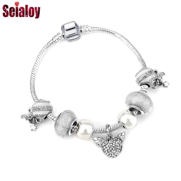 

seialoy flying heart dangle charm bracelets for women silver color shiny galaxy bead bracelet girl birthday jewelry gift, Golden;silver