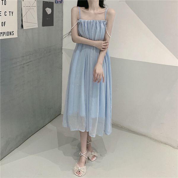 

luxury casual dresses brassiere fried street suspender summer 2021 medium length french milk sweet skirt women's drs, Black;gray