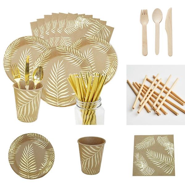

disposable dinnerware bronzing palm leaf tableware kraft paper plate /cup happy birthday party decor adults wedding hawaii garden