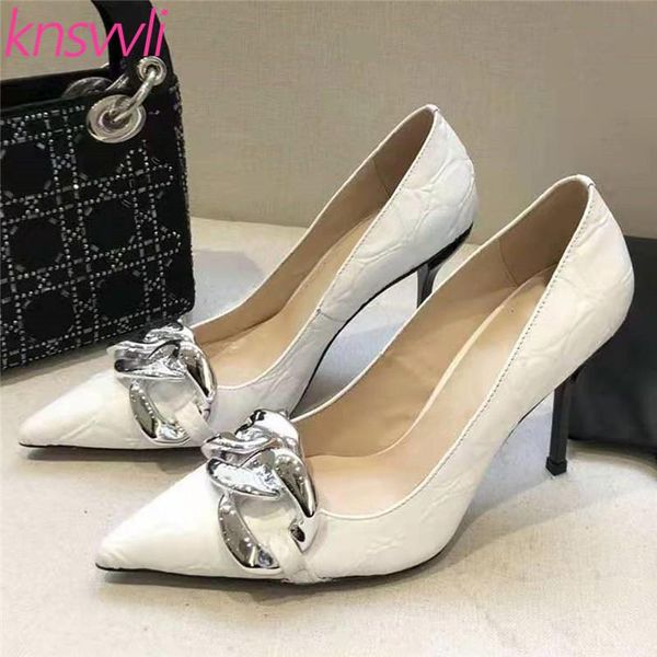 

runway shoes women genuine leather slip on female pointed toe chain decoration party woman high heels pumps dress, Black