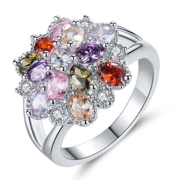 

fashion color zircon ring creative retro women's colorful flower ring, Silver