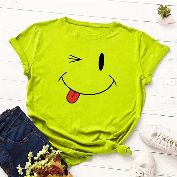 

smile face print 100%cotton womens t shirts o neck short sleeve tees summer pink casual plus size s 5xl, White