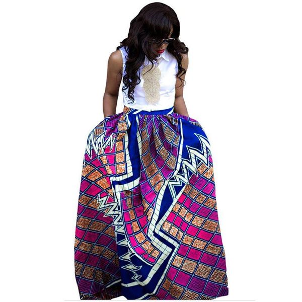 

skirts african fashion maxi skirt women summer color block ethnic floral print boho big swing high waist ladies 2021 casual long, Black