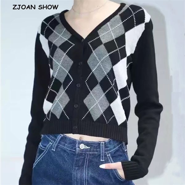 

autumn vintage rhombic plaid single breasted button cardigan sweater woman v-neck long sleeve jumper knitwear 210429, White;black