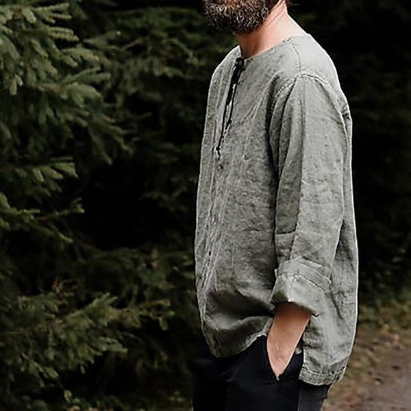 

Men's T-Shirts Spring And Summer Solid Color Long-sleeved Cotton Linen T-shirt Fashion Trend Loose Round Neck Top 35H1, White;black