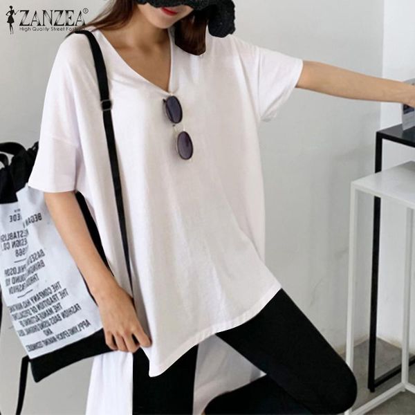 

women's blouses & shirts womens fashion irregular tunic solid v neck blusa 2022 summer high low pullover casual loose soft, White
